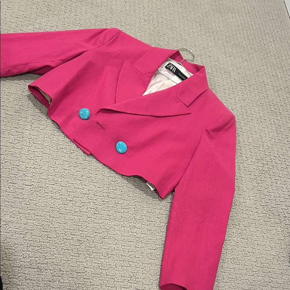 Zara Fuchsia Cropped Blazer with Turquoise Buttons